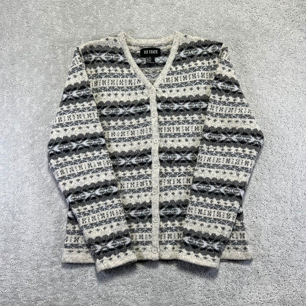 VINTAGE 111 State Cardiga Sweater Womens Large‎ Fair Isle Wool Blend Gray Cream